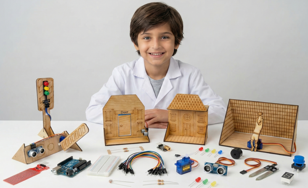 A smiling young boy in a white lab coat sitting behind a table filled with wooden robotic models, an Arduino board, jumper wires, sensors, LEDs, and various electronic components.