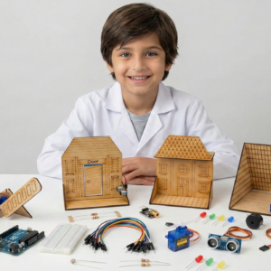 A smiling young boy in a white lab coat sitting behind a table filled with wooden robotic models, an Arduino board, jumper wires, sensors, LEDs, and various electronic components.